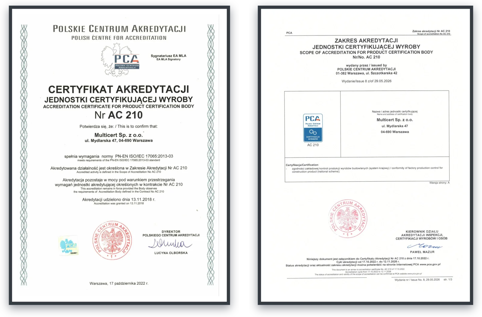 Certyfikat akredytacji AC 210 i zakres akredytacji Multicert w ramkach
