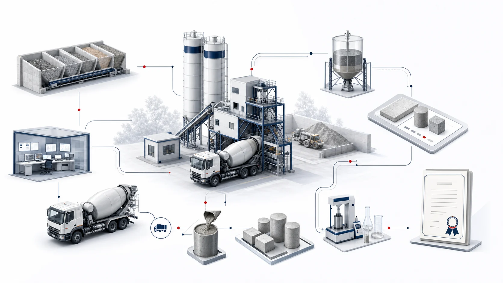 Ilustracja procesu Zakładowej Kontroli Produkcji betonu: surowce, wytwórnia, gruszka betonowa, próbki, laboratorium i certyfikat.
