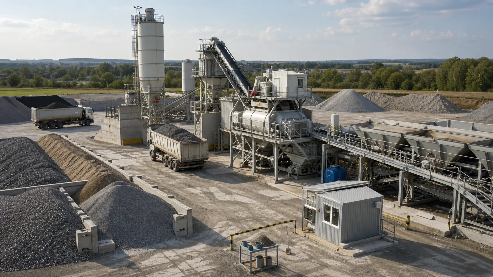 Wizualizacja miejsca produkcji mieszanek związanych hydraulicznie z kruszywami, silosem spoiwa, mieszalnikiem i stanowiskiem załadunku