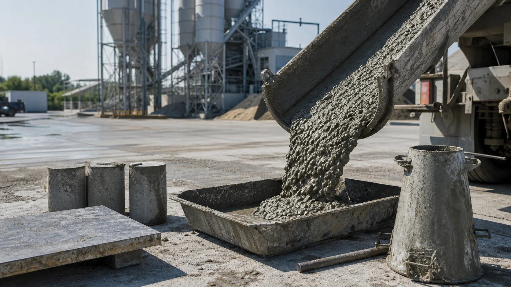Beton towarowy i próbki kontrolne w zakładzie produkcyjnym